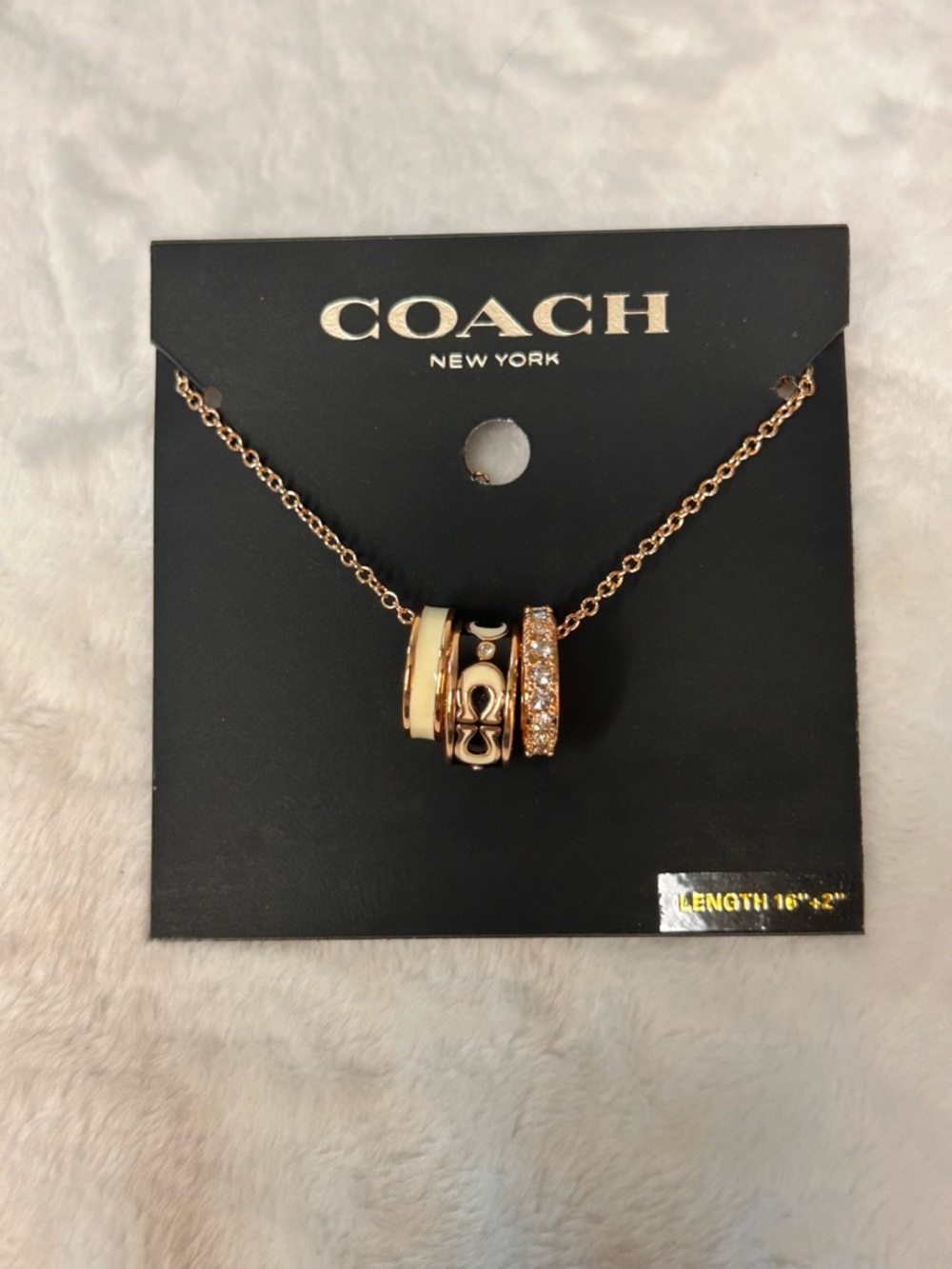 Coach Signature White Enamel Crystal Necklace Rose Gold